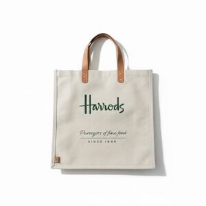 Harrods London Jute Tote Bag 16x15 Market Shopper Canvas Leather Handles